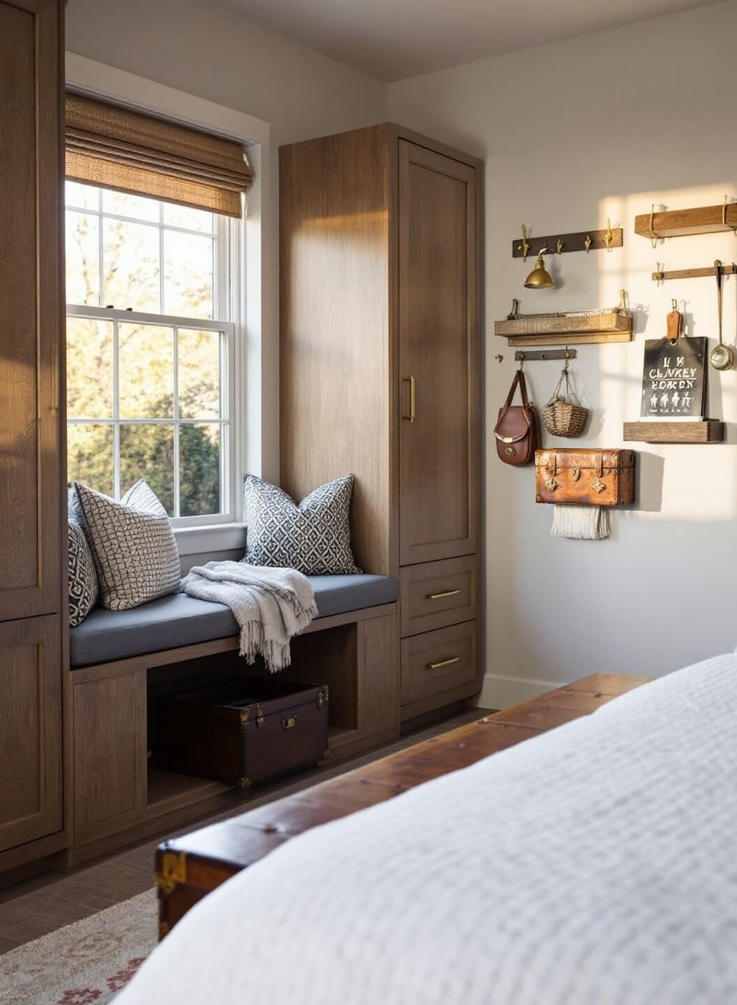 Stylish bedroom with distressed oak window seat, vintage leather trunk, and wall-mounted brass-wood organizers in warm evening light