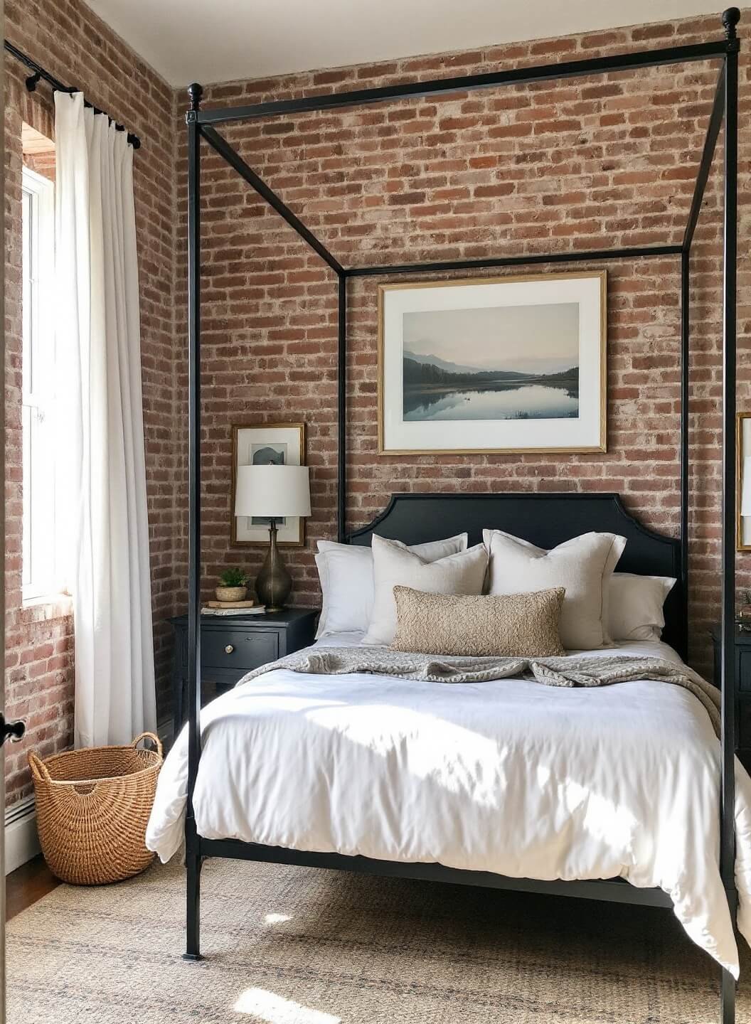 Welcoming guest bedroom featuring an iron canopy bed against an exposed brick wall, adorned with crisp white linens, locally-sourced landscape photography, and handwoven basket collection with morning light streaming through gauzy curtains