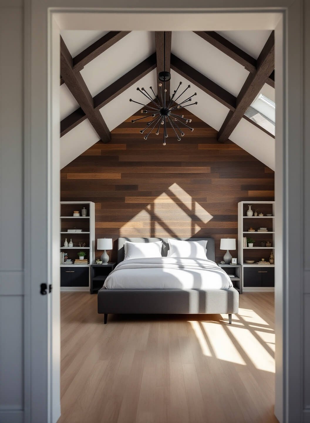 Spacious bedroom with vaulted ceiling, exposed dark wooden rafters, reclaimed barnwood accent wall, and modern low-profile platform bed dressed in white linen, lit by morning sunlight and a black iron chandelier.