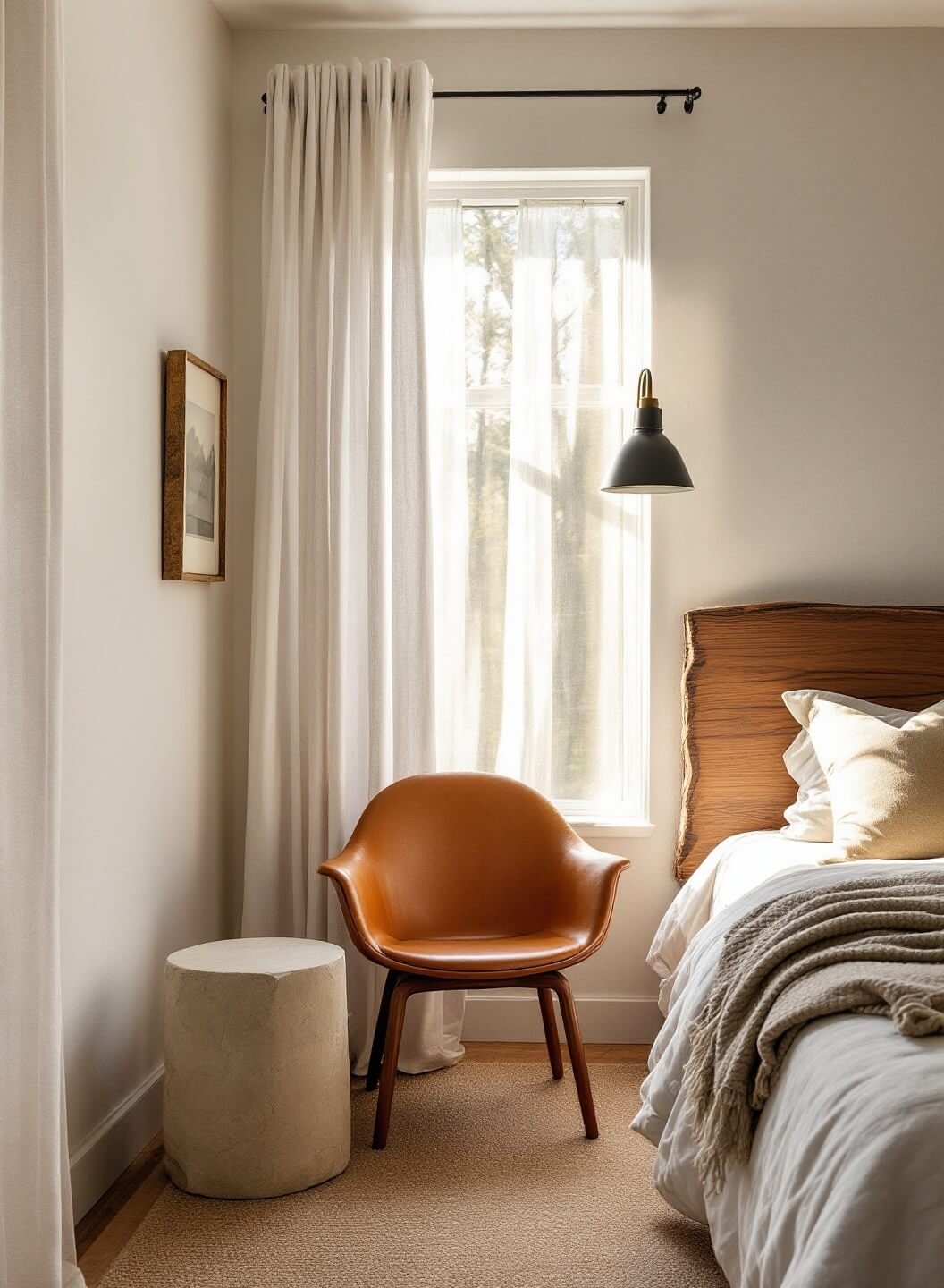 Rustic primary bedroom featuring raw-edge walnut headboard, leather reading chair, stone side table, and textured layering of ivory wool, oatmeal linen, and gray cotton textiles, bathed in the golden light passing through sheer curtains.