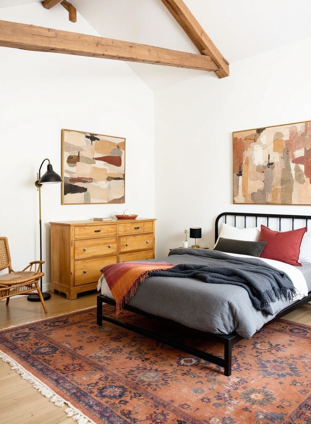 Modern bedroom with minimalist platform bed, antique dresser, and vintage Persian rug under natural dawn light