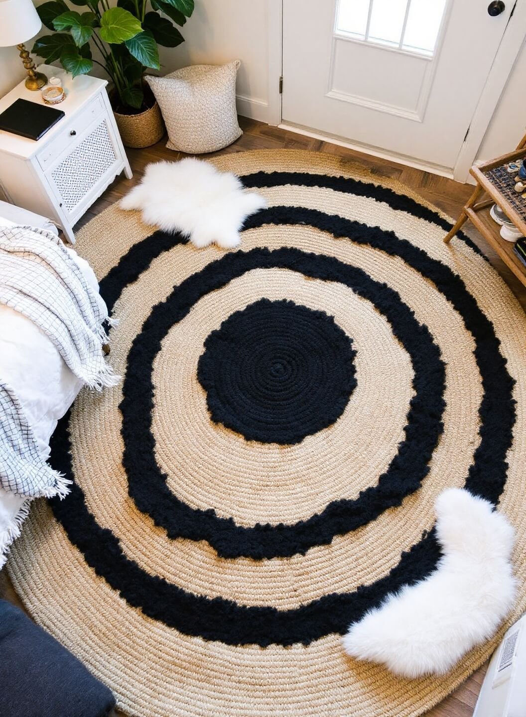 Intimate bedroom with oak flooring, jute rug, and layered textiles, with modern black and white furniture, viewed from a high angle in soft afternoon light.