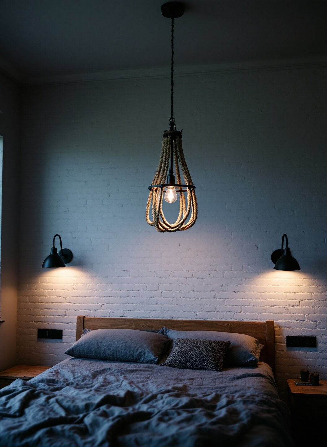 Dusk view of moody bedroom featuring industrial style pendant lights over weathered wood nightstands, warm wall sconces illuminating whitewashed brick walls, and a rope-wrapped iron chandelier serving as central focal point, shot with 35mm lens in low light to highlight ambient lighting design.