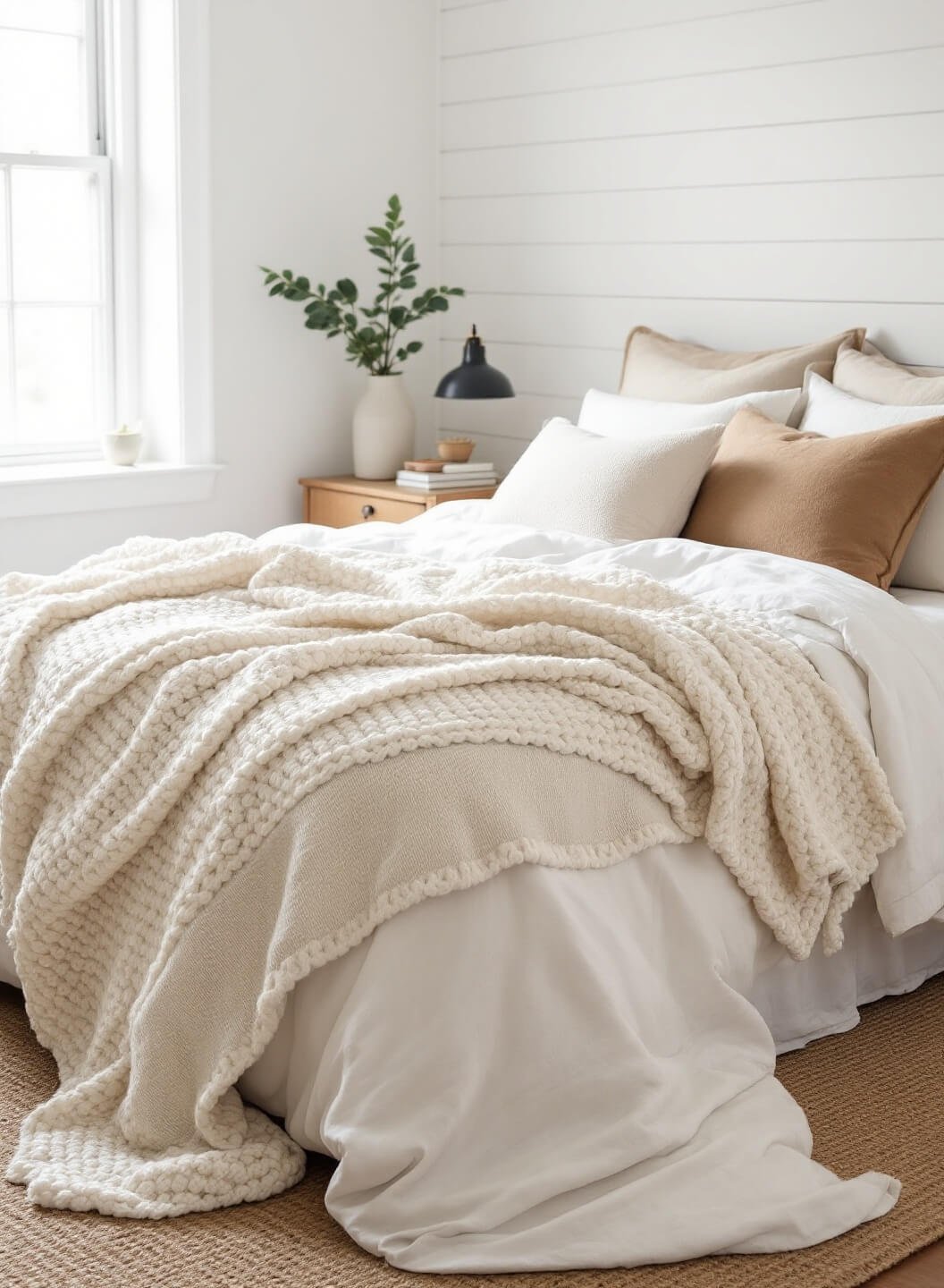 Serene bedroom bathed in morning light with earth-toned linens on a cloud-like bed, chunky ivory knit throws, textured sisal rug, and white shiplap walls