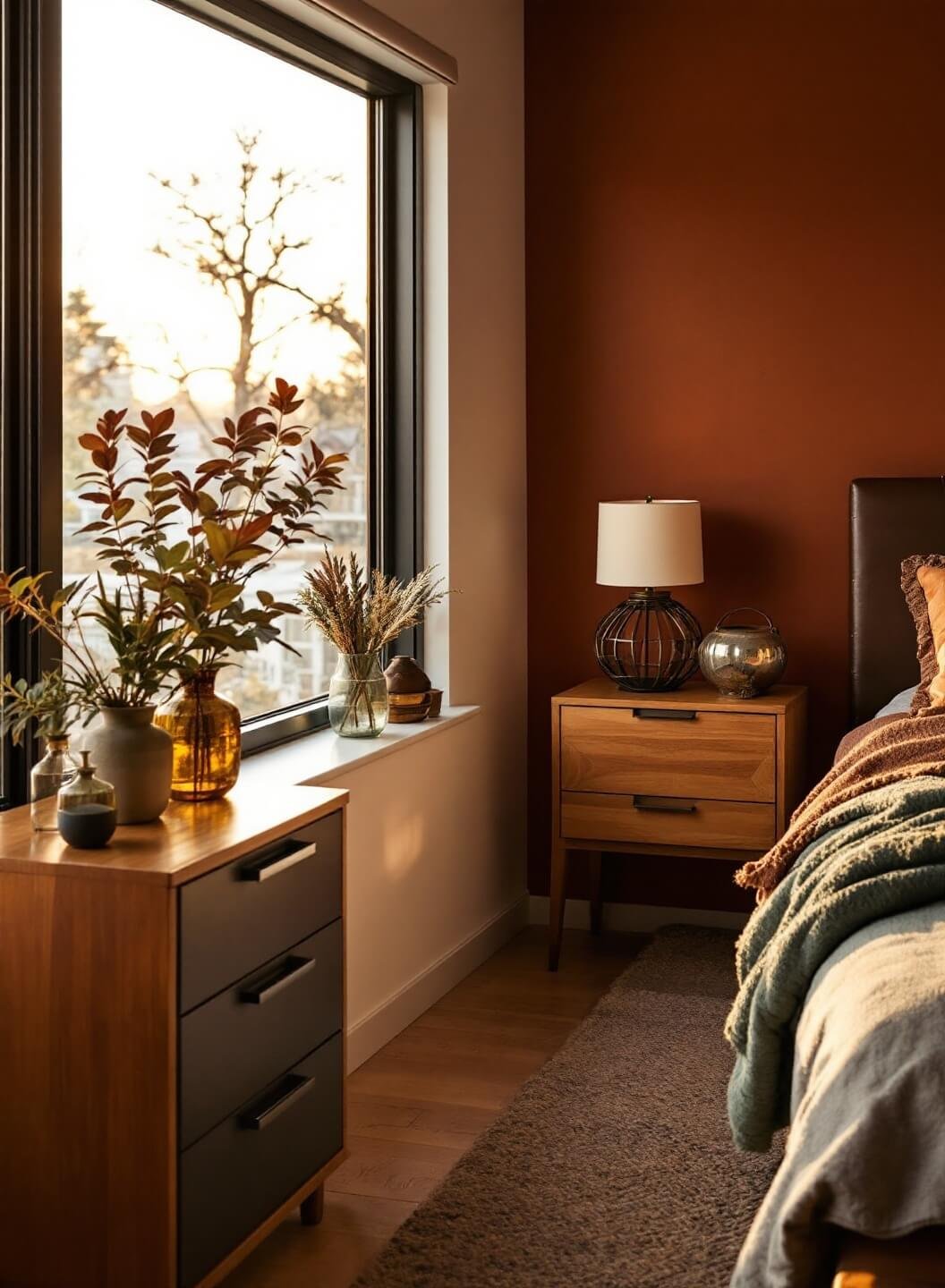 Warm bedroom with terracotta accent wall, honey-toned wooden furniture, chocolate leather accents, soft sage textiles, and charcoal gray window frames, shot during golden hour